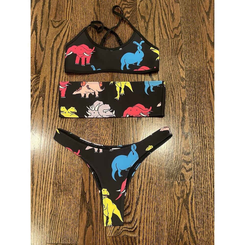 Hoaka Pony women swim suit set of 3 dinosaurs print black size S P NWOT